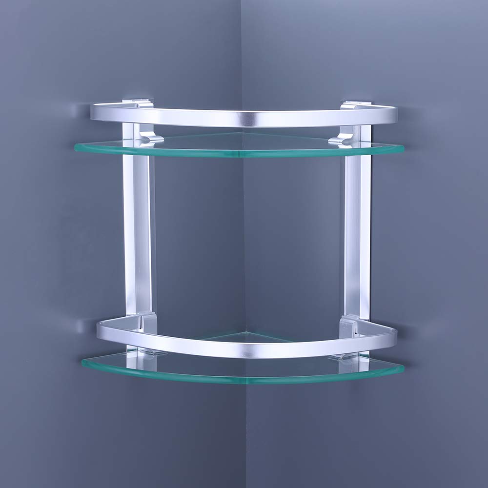 Heavy Duty Wall Mounted Corner Shelves Aluminum Tempered Glass Storage 2-Tiers