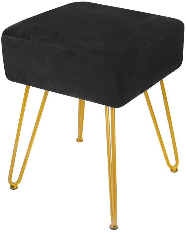 Velvet Footrest Stool Ottoman Round Modern Upholstered Vanity Footstool Side Table Seat Dressing Chair with Golden Metal Leg Black