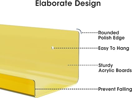 15 Inch Acrylic Floating Shelves, 2 Pack Kids Floating Bookshelf (Yellow)