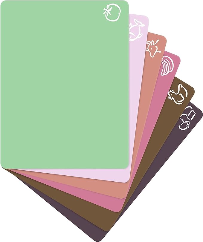 Extra Thick Pastel Flexible Plastic Cutting Board Mats with Food Icons & EZ-Grip Waffle Back, (Set of 6) Dishwasher Safe