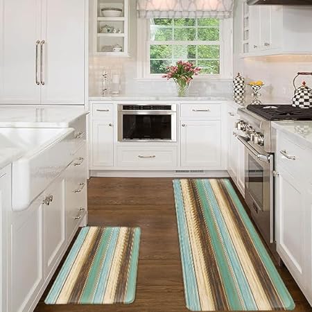 Set of 2, Anti-Fatigue Cushioning Comfortable Standing Teal Turquoise Abstract Marble Design Kitchen Mats