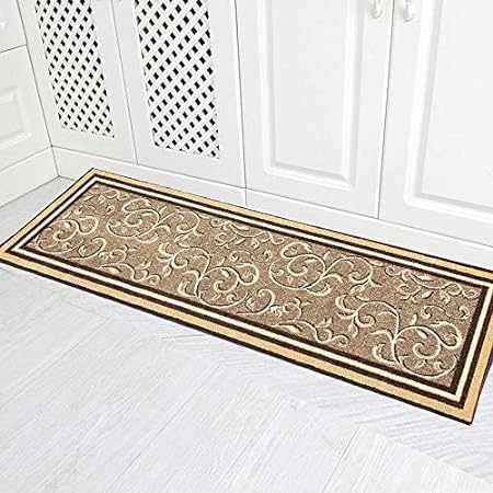 Floral Design Non Slip Rubber Back Kitchen Mat Carpet (Brown, Runner (2'x10')