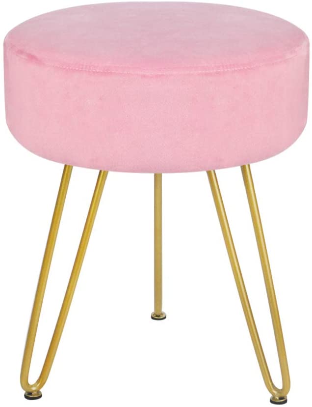 Velvet Footrest Stool Ottoman Round Modern Upholstered Vanity Footstool Side Table Seat Dressing Chair with Golden Metal Leg Black