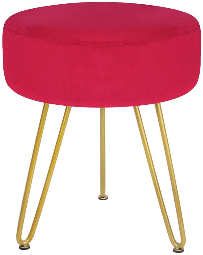 Velvet Footrest Stool Ottoman Round Modern Upholstered Vanity Footstool Side Table Seat Dressing Chair with Golden Metal Leg Black