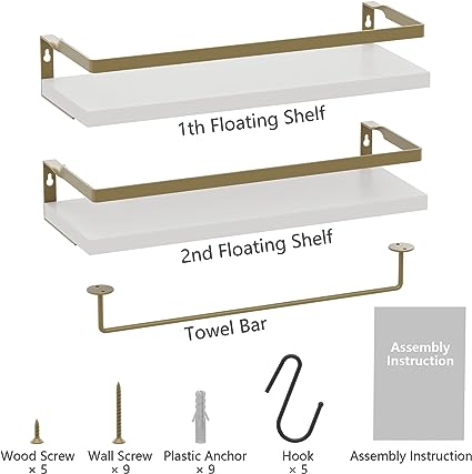 Home Decor Floating Shelves with Towel Bar/Hooks, (Gold-White)