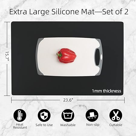 Silicone Non-slip Waterproof Large Countertop Heat Resistant Protector Mat, 23.62 x 15.75 Inches, Black