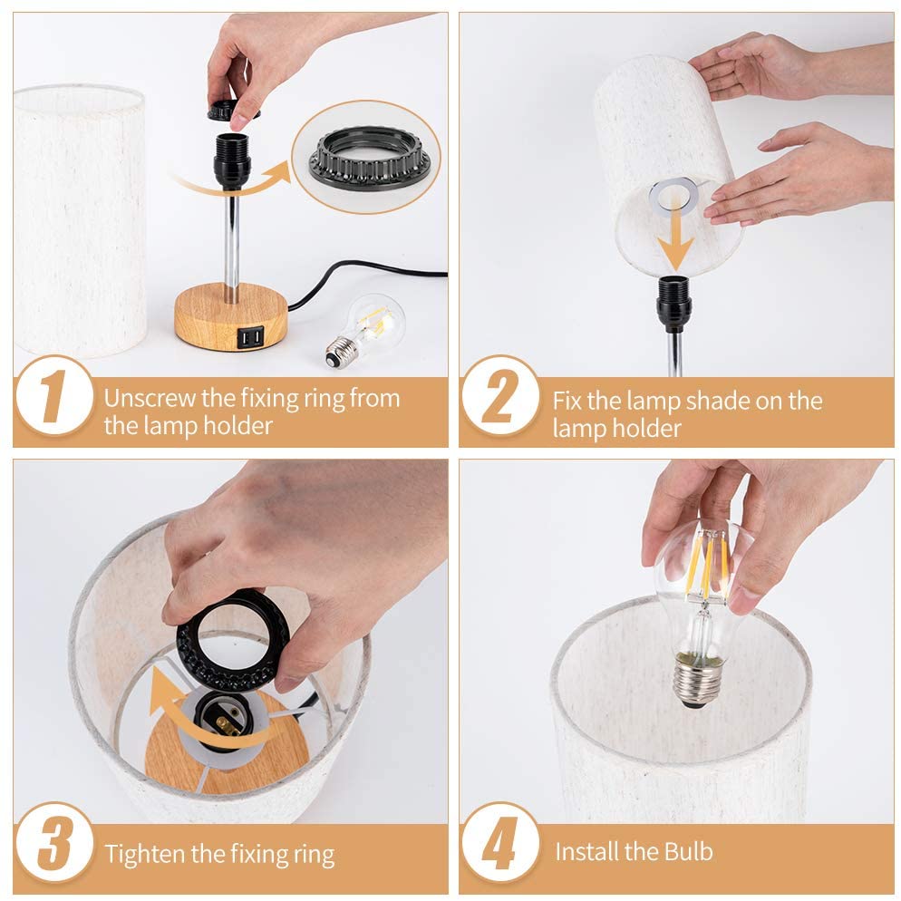 Bedside Lamp with USB port - Touch Wood 3 Way Dimmable Nightstand Lamp with Round Flaxen Fabric Shade