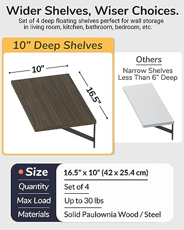 Deep Floating Shelves 10" D x 16.5" W Set of 4, (Dark Brown)