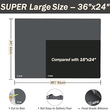 Thick Washable Heat Resistant Extra Large Silicone Mat 36" x 24" Black, Sapid