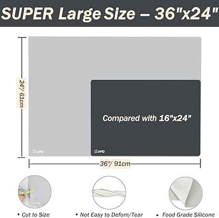 Thick Washable Heat Resistant Extra Large Silicone Mat 36" x 24" Black, Sapid