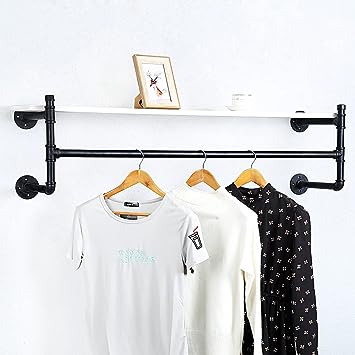 Industrial Pipe Clothing Rack Wall Mounted Wood Shelf,Pipe Shelving Floating Shelves,Retail Garment Rack Display Rack Clothes Racks(1 Tier,30in)