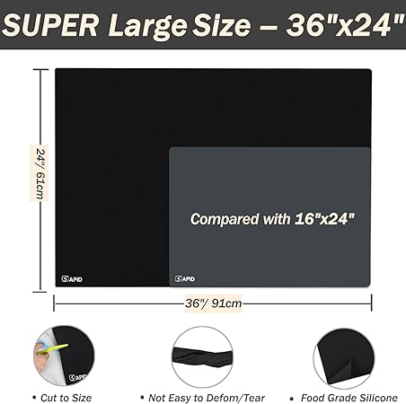 Thick Washable Heat Resistant Extra Large Silicone Mat 36" x 24" Black, Sapid