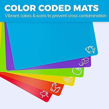 Extra Thick Pastel Flexible Plastic Cutting Board Mats with Food Icons & EZ-Grip Waffle Back, (Set of 6) Dishwasher Safe