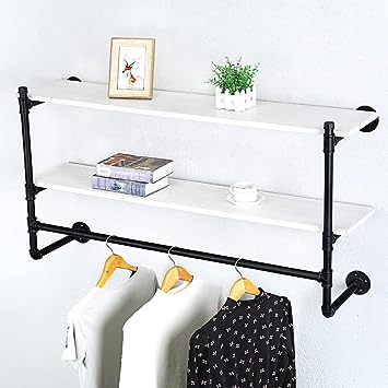 Industrial Pipe Clothing Rack Wall Mounted Wood Shelf,Pipe Shelving Floating Shelves,Retail Garment Rack Display Rack Clothes Racks(1 Tier,30in)