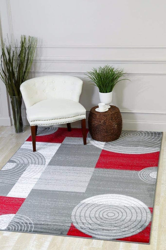 Modern Trendz Abstract Circle Grey Red Premium Soft Area Rug