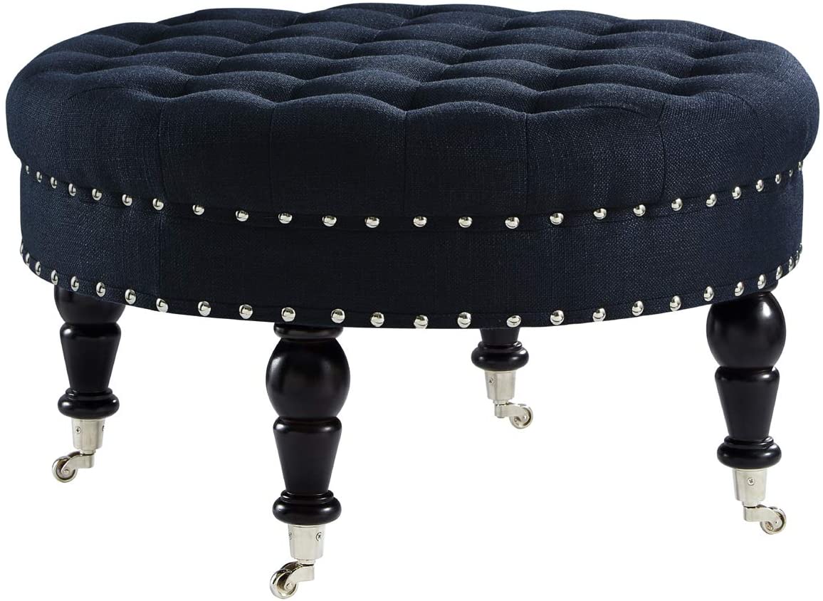 Tufted Button Linen Ottoman Coffee Table, Large Footrest with Caters Rolling Wheels