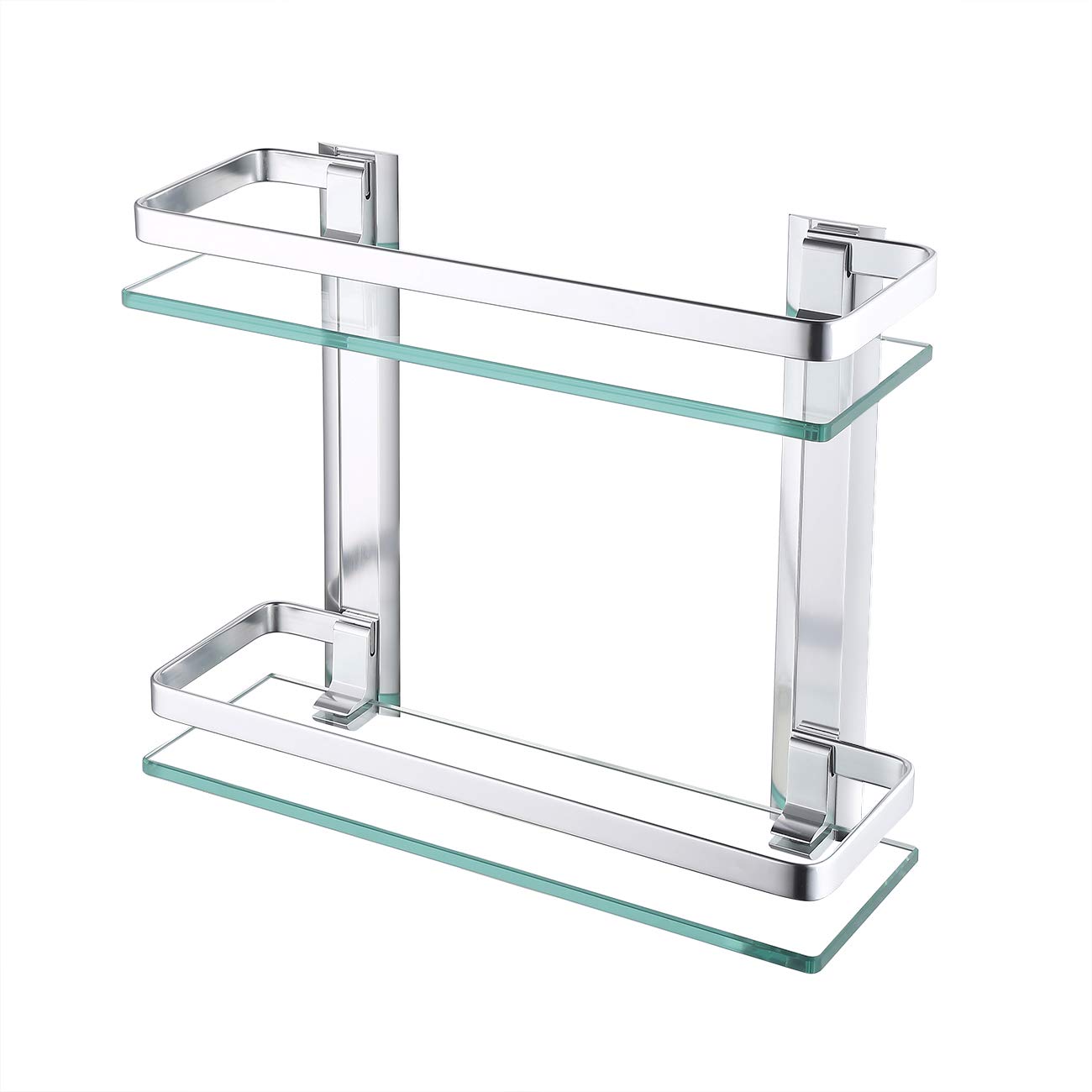 Heavy Duty Rectangular Wall Mounted Corner Shelves Aluminum Tempered Glass Storage 2-Tiers