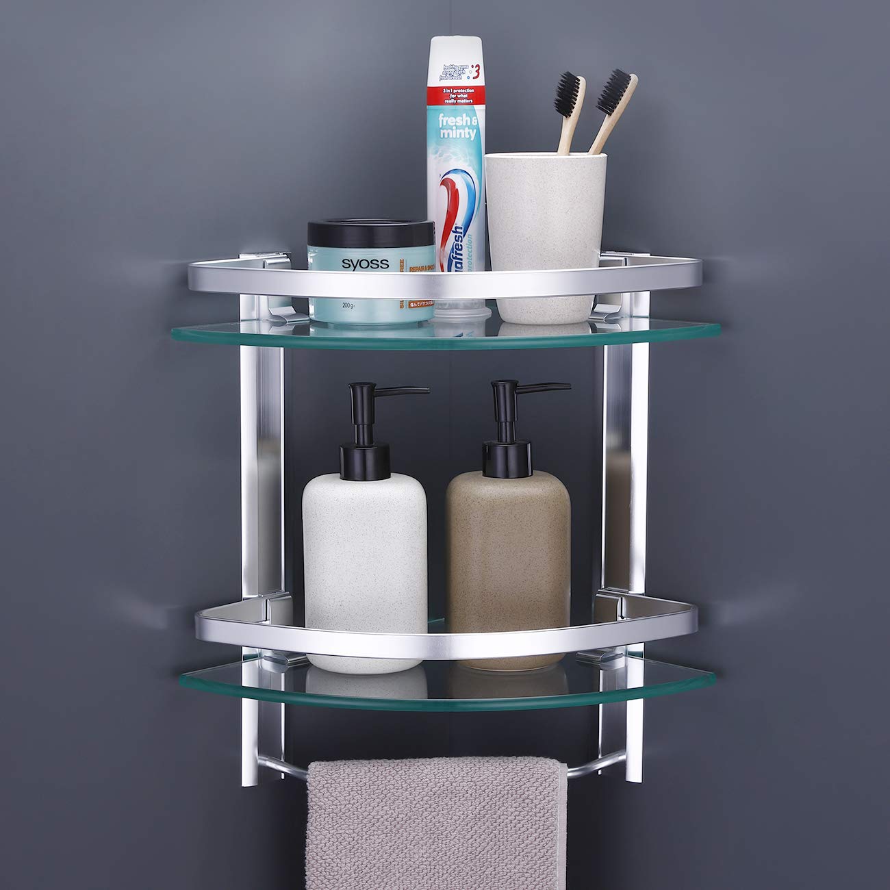 Heavy Duty Wall Mounted Corner Shelves Aluminum Tempered Glass Storage With Towel Bar 2-Tiers