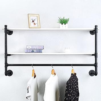 Industrial Pipe Clothing Rack Wall Mounted Wood Shelf,Pipe Shelving Floating Shelves,Retail Garment Rack Display Rack Clothes Racks(1 Tier,30in)