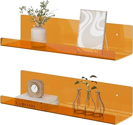 15 Inch Acrylic Floating Shelves, 2 Pack Kids Floating Bookshelf (Yellow)