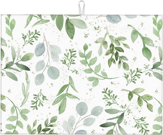 Dish Drying Mat Microfiber for Kitchen Counter Blue and Green Leaves Absorbent Dish Draining Reusable Washable Extra Large 18"x24"