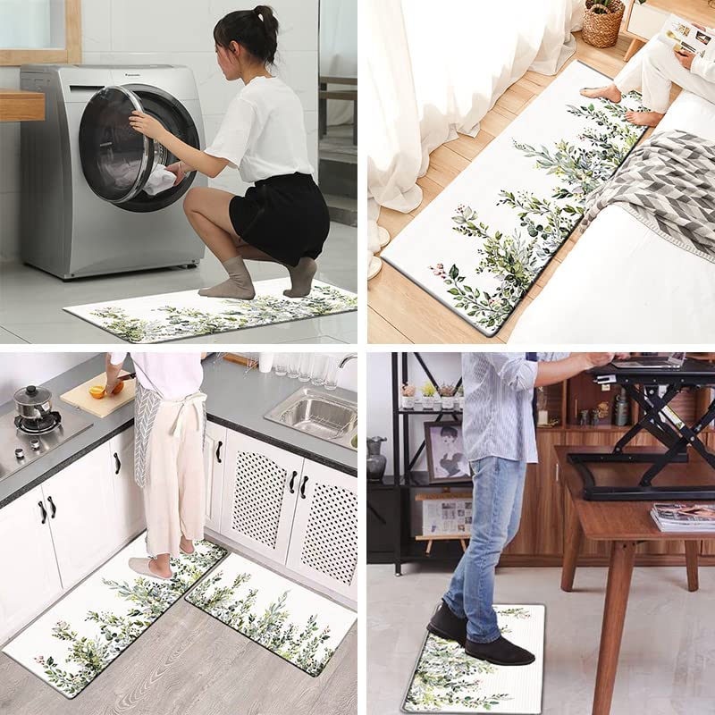 Green Eucalyptus Anti Fatigue Set of 2 Waterproof Kitchen Rugs 17"x47"+17"x28"