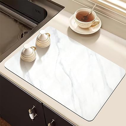 Dish Drying Mat for Kitchen Counter, 24"x16" Super Absorbent Hide Stain Dish Drying Pad with Non-slip Rubber Backed, Quick Drying Mat for Coffee Machine Dish Rack(Whtie Marble)