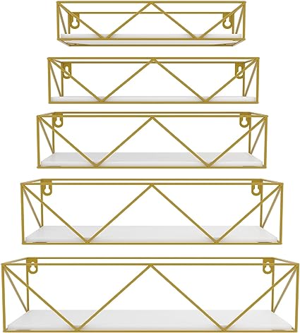 Set of 5, Gold Wall Mounted Floating Shelves