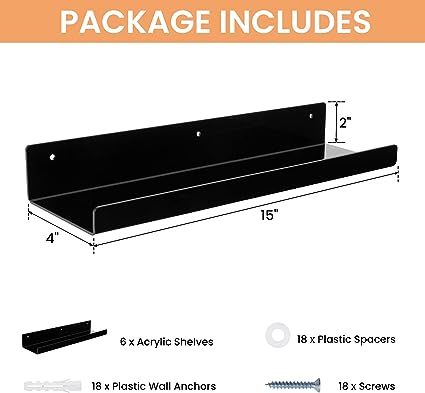 15" Acrylic Floating Clear Acrylic Shelves for Wall Storage, Set of 2