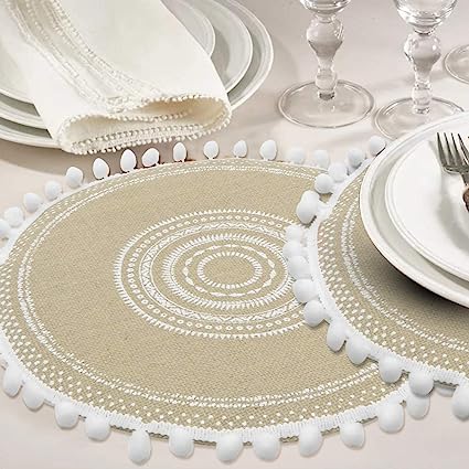 Tribal Folk Geometric Circles Pattern Round Placemat - Farmhouse Jute Table Mats (Jute, Set of 4)