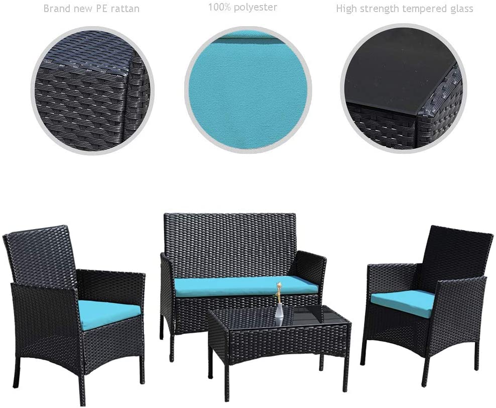 Rattan Patio Indoor/Outdoor Black/Blue Conversation Set - Chairs / Coffee Table