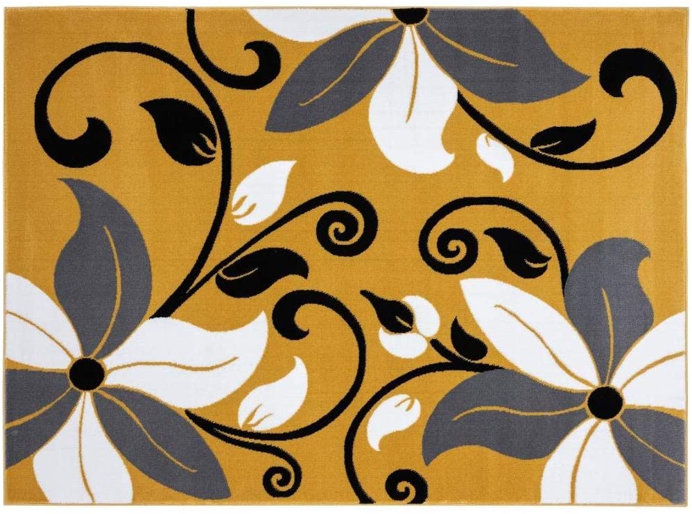 Victoria Collection Modern Mustard Yellow Floral Area Rug