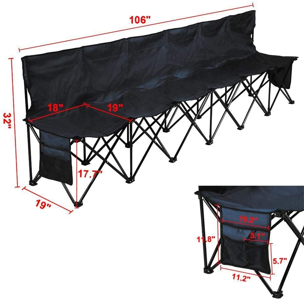 Yaheetech 6 Seats Foldable Sideline Bench For Sports Team Camping Folding Bench Chairs Black