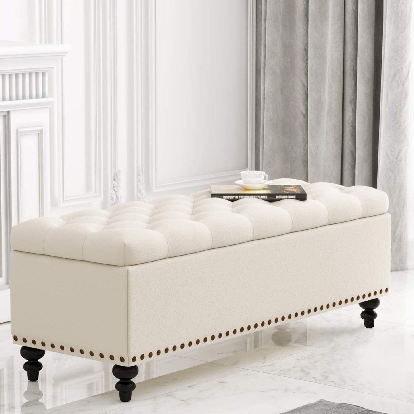 Ottoman with Storage, 51-inch Bench with Button-Tufted