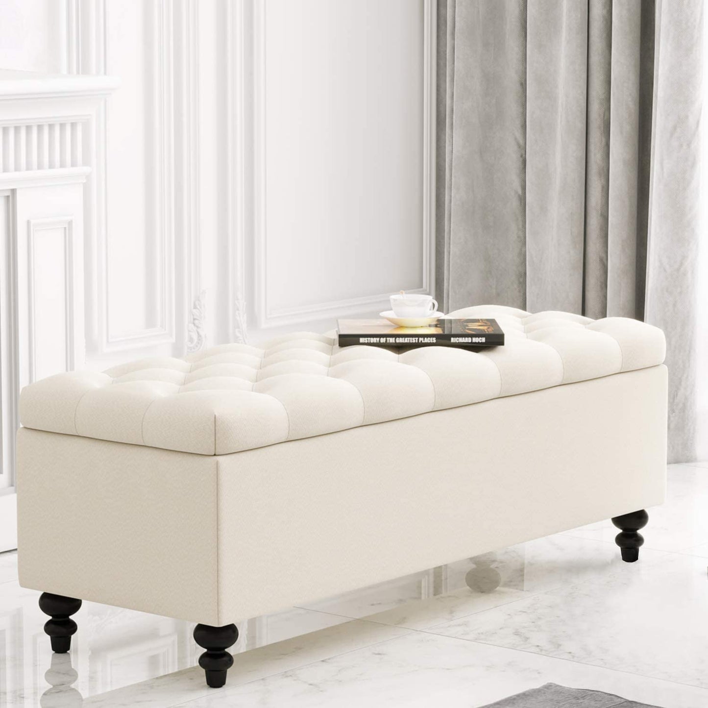 Ottoman with Storage, 51-inch Bench with Button-Tufted
