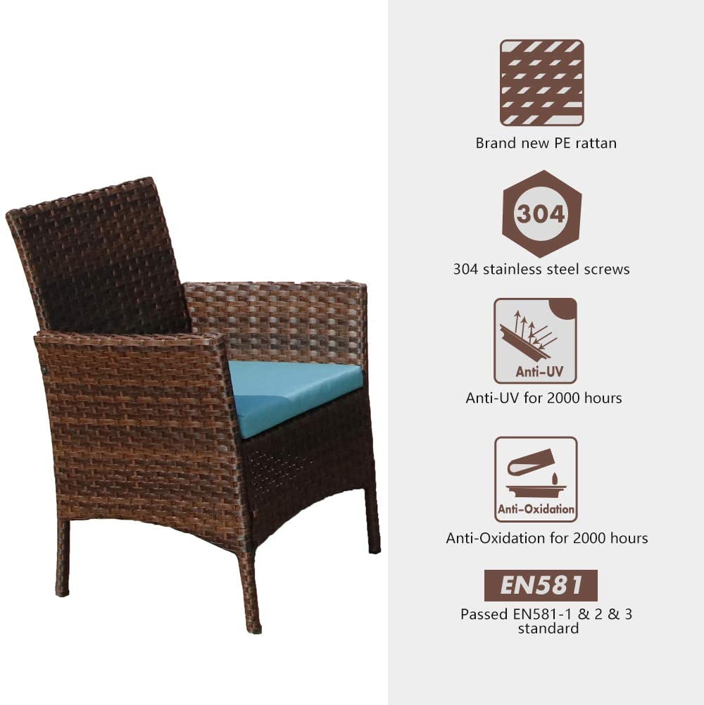Rattan Patio Indoor/Outdoor Brown/Blue Conversation Set - Chairs / Coffee Table
