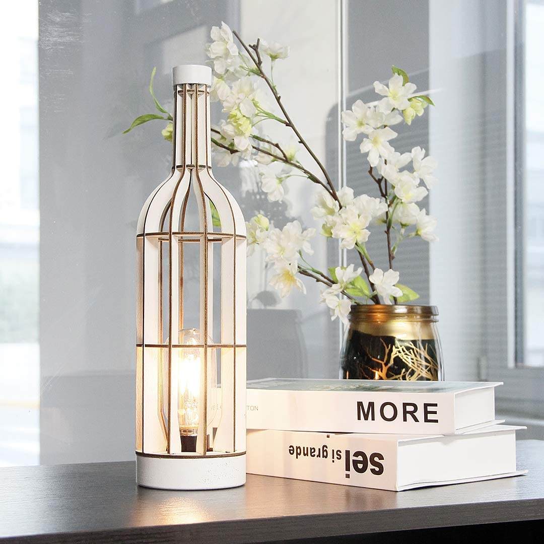 Battery Operated Table Lamps Timer Wooden Wine Bottle Shape Decorative Lamp (Black)