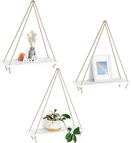 Set of 3 Wood Hanging Shelves for Wall Boho Decor Swing Rope Rustic Floating Shelf
