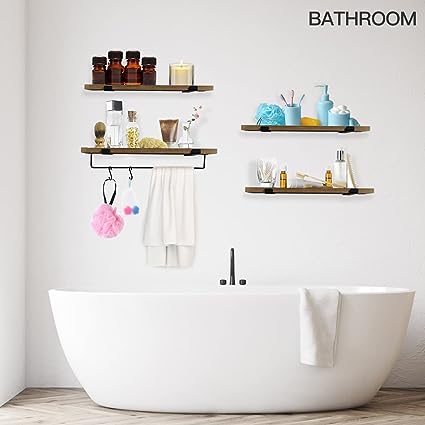 Floating Shelves for Bedroom, Bathroom, 2 Hooks Set of 4