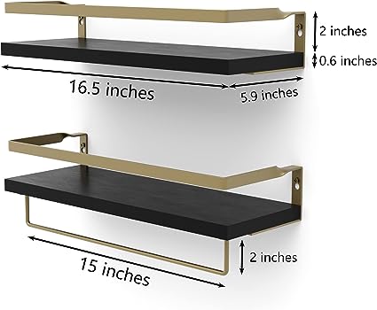 Home Decor Floating Shelves with Towel Bar/Hooks, (Gold-White)