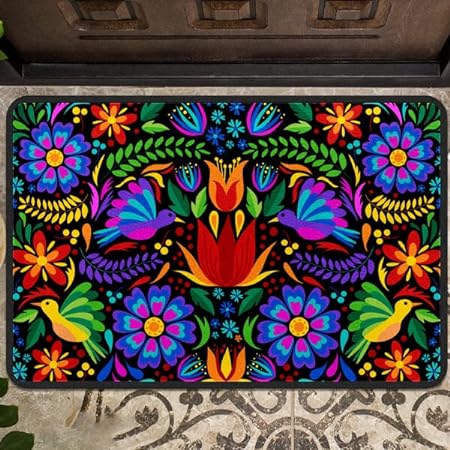 Mexican Embroidery Birds Floor Mat Resist Dirt Entrance Rug, 24'' x 16''