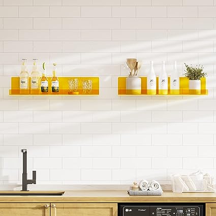 15 Inch Acrylic Floating Shelves, 2 Pack Kids Floating Bookshelf (Yellow)