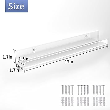 6 Pack 12 inch Clear Acrylic Album Record Holder Display, Kids Bookshelf, Floating Wall Shelves for Bathroom, Bedroom, Living Room, Kitchen