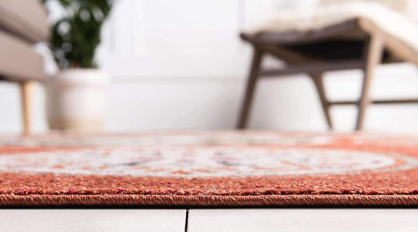 Carved Floral Transitional Indoor/ Outdoor Flat Weave Terracotta/Beige Area Rug