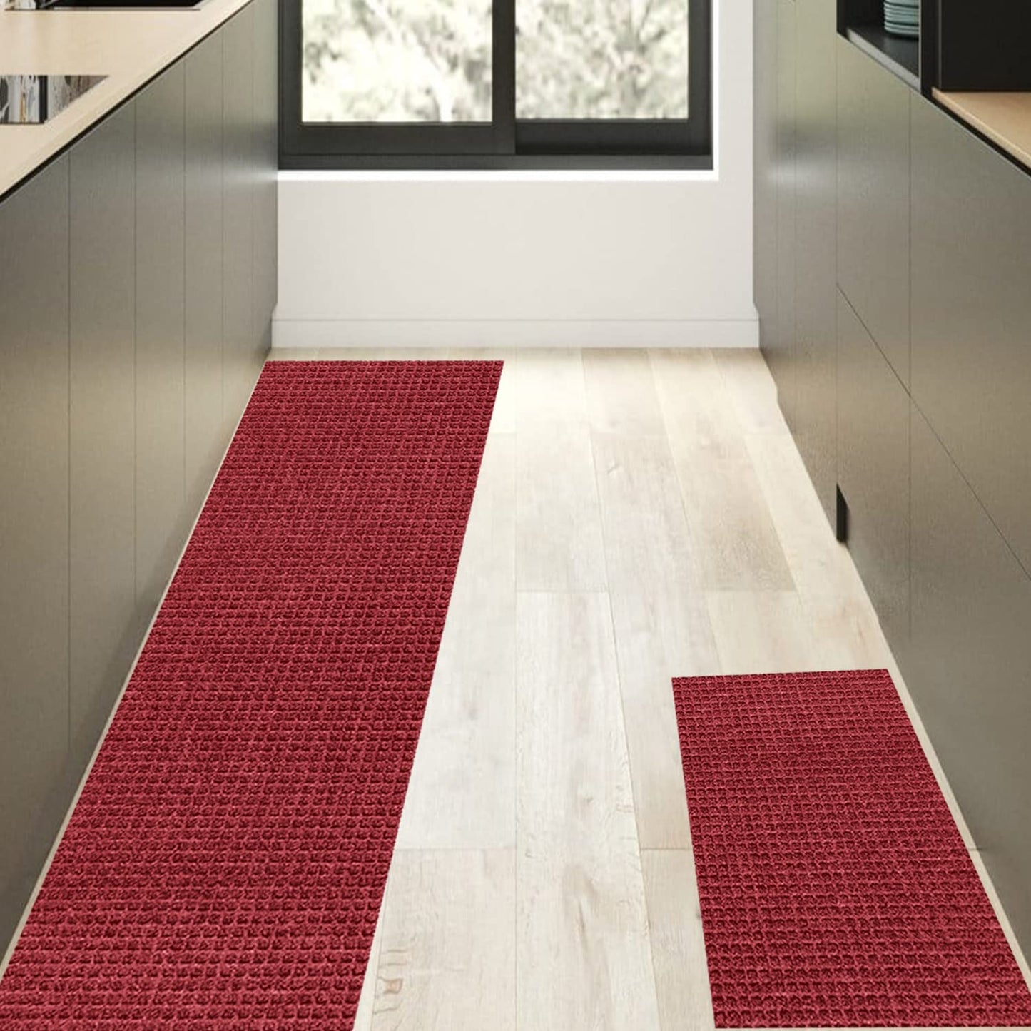 Set of 2 Non Slip Washable, 2 PCS Kitchen Rugs and Mats - 24"x16"+48"x16",Red