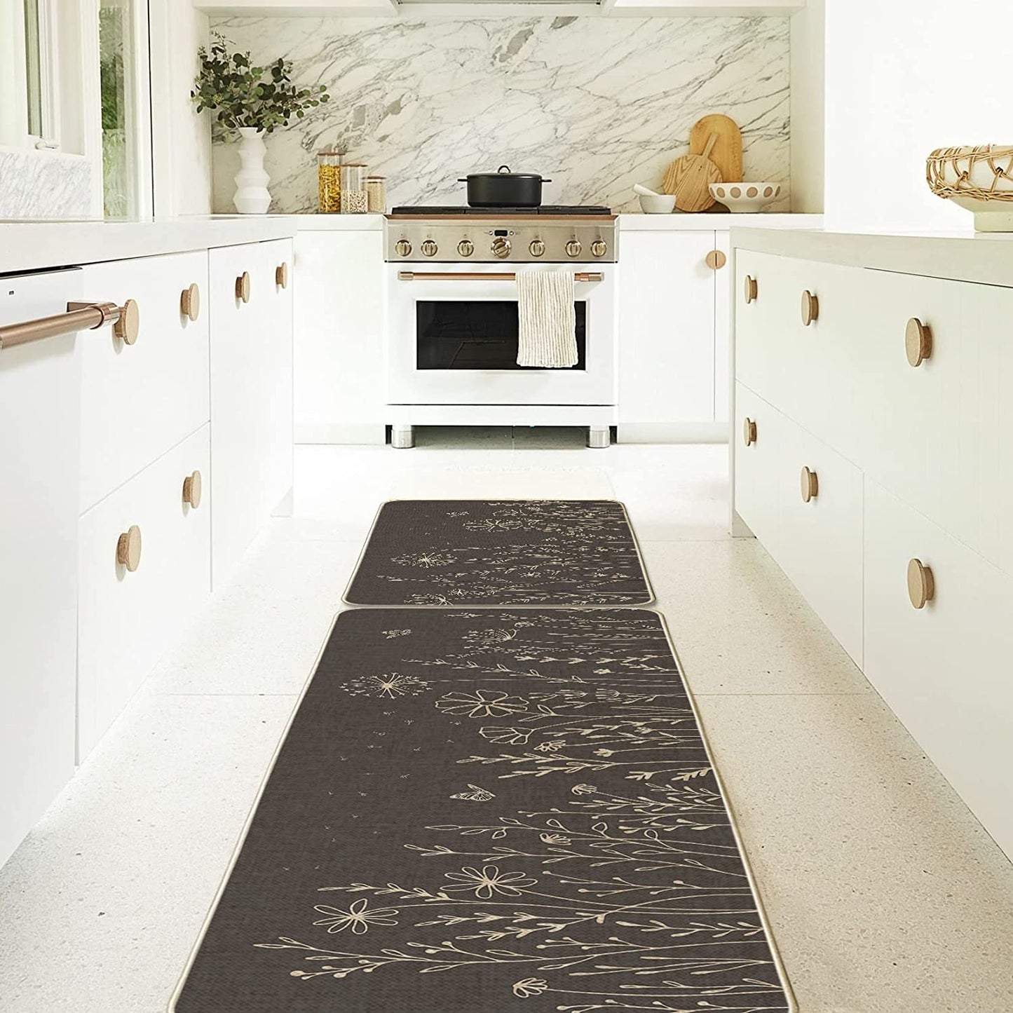Set of 2 Black Dandelion Low-Profile Kitchen Rugs - 17x29 and 17x47 Inch