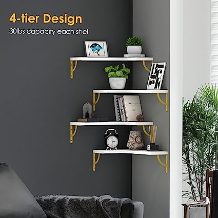 Set of 4, Corner Wood Display Storage Wall Mounted Floating Shelves