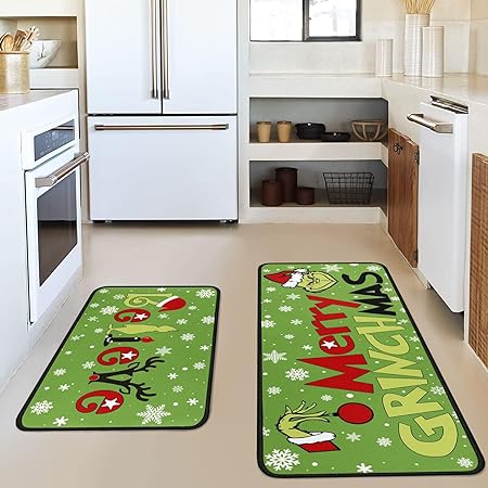 Non Slip Absorbent Waterproof Christmas Decorations Kitchen Rugs and Mats Set of 2, 17x29 and 17x47 Inch