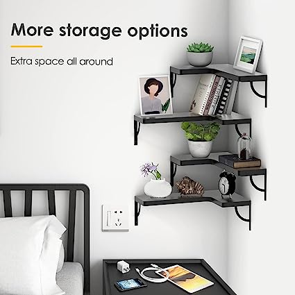 Set of 4, Corner Wood Display Storage Wall Mounted Floating Shelves