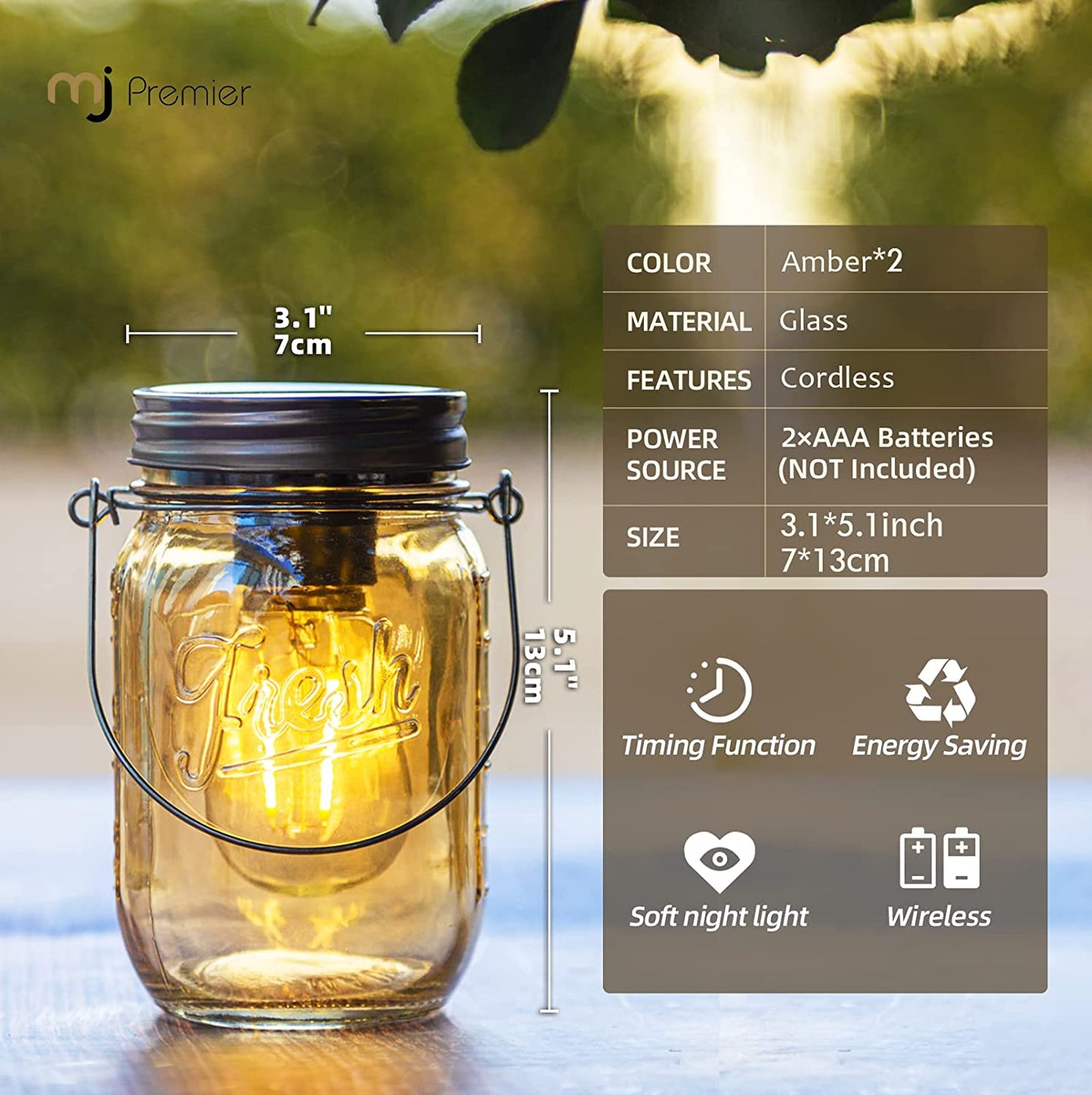 Outdoor Mason Jar Lights Hanging, 2-Pack LED Decorative Garden Lanterns with Timer
